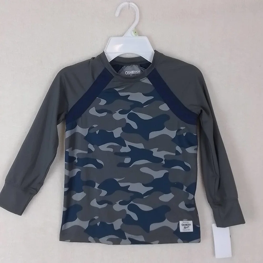 Oshkosh Boys Rash Guard Tee 4 Gray Blue Camo Active Wear Long‎ Sleeve Outdoor